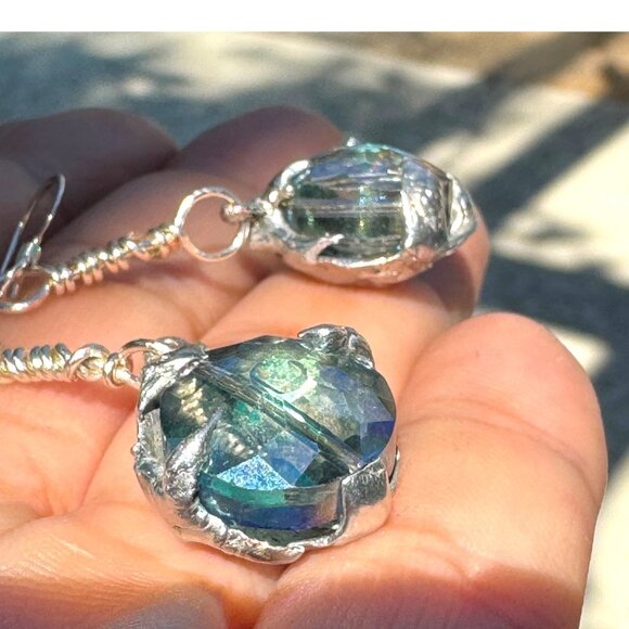 Artisan Aurora Borealis Crystal Dangle Earrings 925 Hooks & Silver/Tin Metalwork - Picture 4 of 17